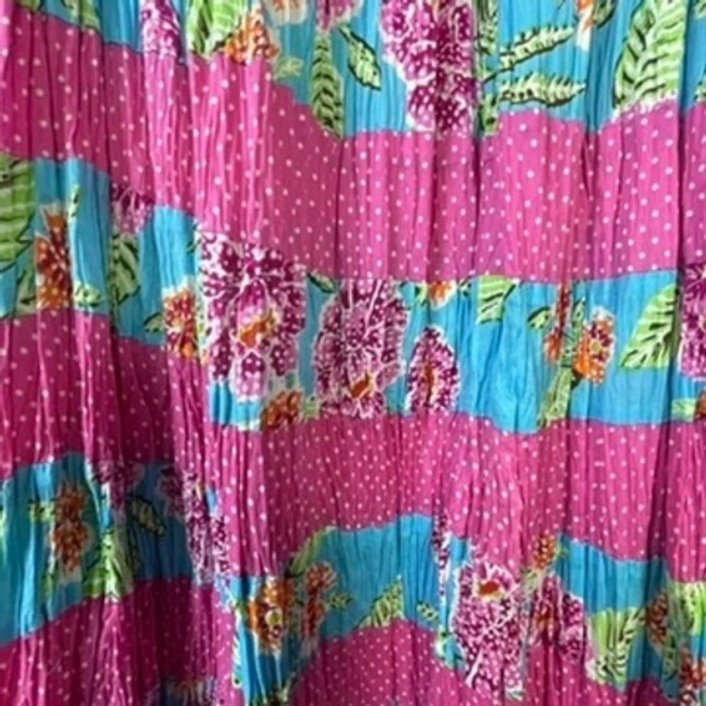 Phool Maxi Skirt Womens Large Pink Blue Floral Polka Dot Boho‎ Tiered Vintage
